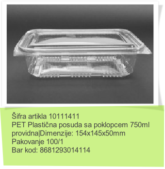 Šifra artikla 10111411
PET Plastična posuda sa poklopcem 750ml
providna|Dimenzije: 154x145x50mm
Pakovanje 100/1
Bar kod: 8681293014114
