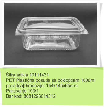 Šifra artikla 10111431
PET Plastična posuda sa poklopcem 1000ml
providna|Dimenzije: 154x145x65mm
Pakovanje 100/1
Bar kod: 8681293014312
